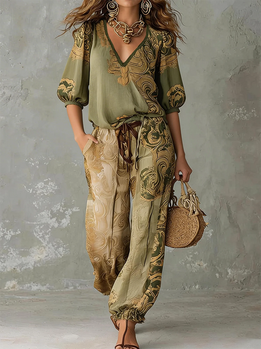 Rosalind | Bohemian Printed Linen Top and Pants Set