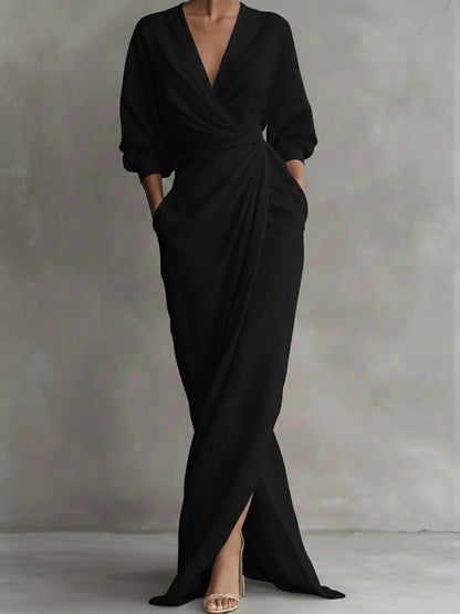 Una | Linen Wrap Drape Evening Maxi Dress