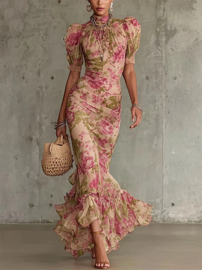 Faye | Chiffon Floral Puff Sleeve Maxi Dress