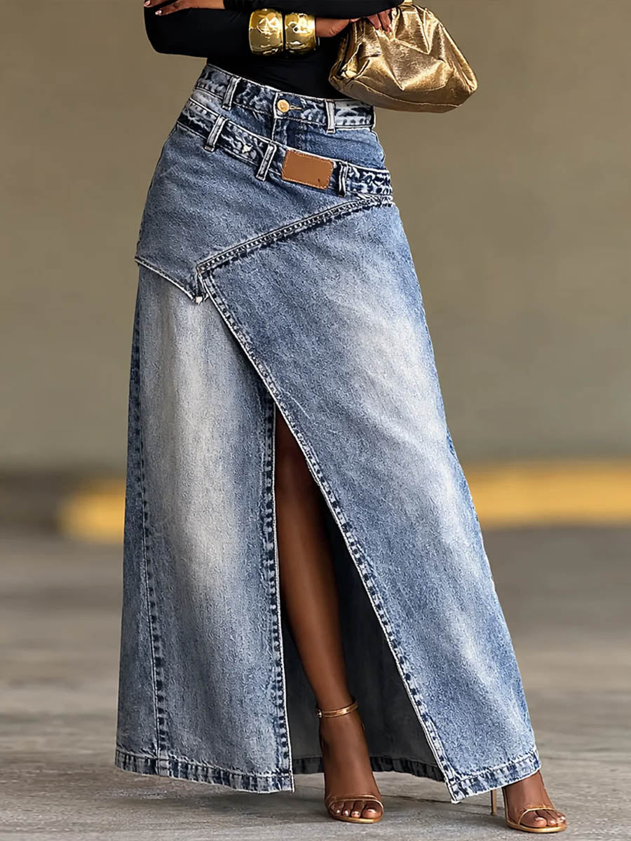 Greta | Denim High-Waist Asymmetrical Slit Skirt