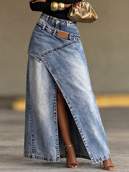 Greta | Denim High-Waist Asymmetrical Slit Skirt