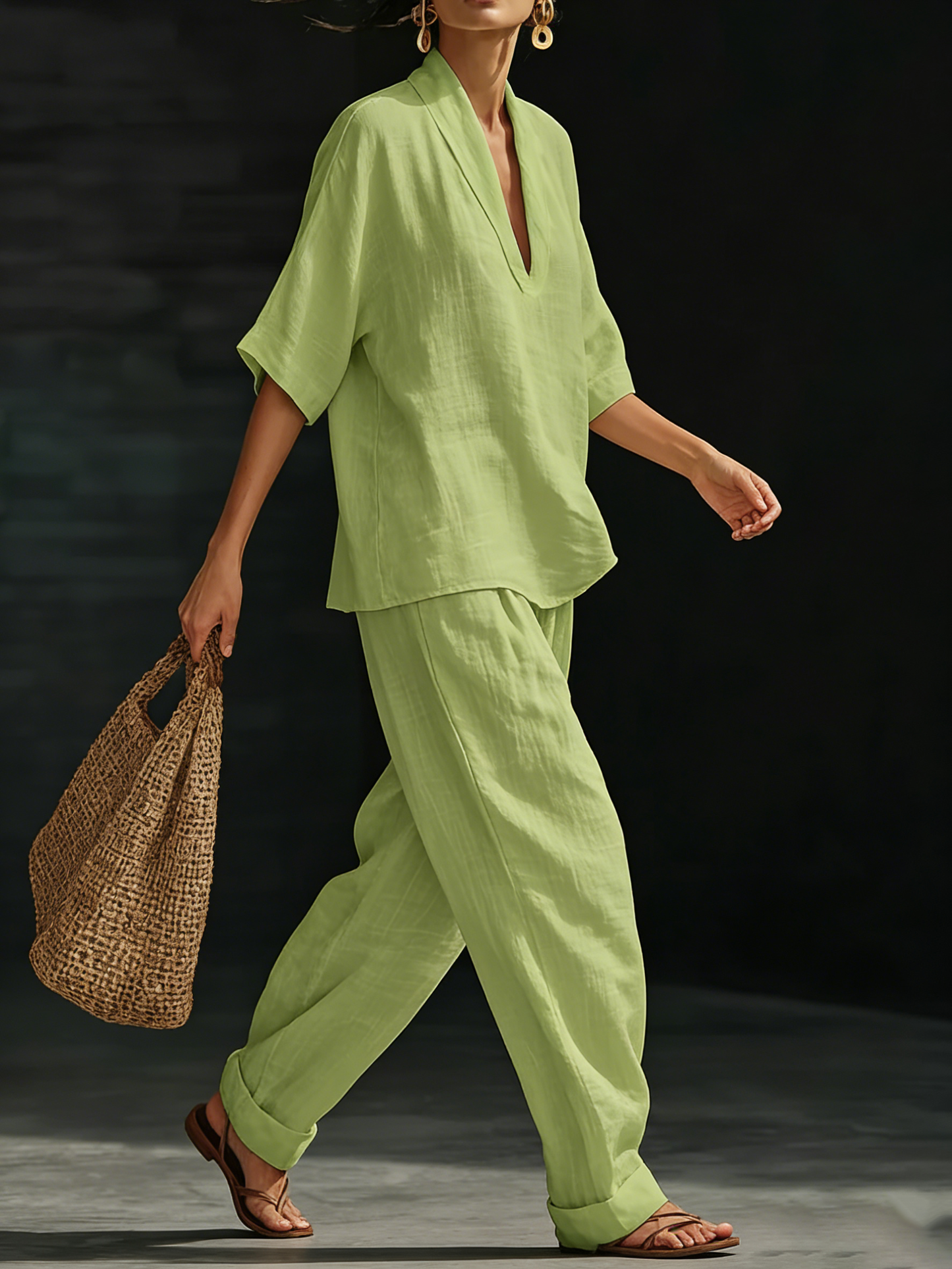 Sienna | Linen V-Neck Top and Wide Leg Trouser Set