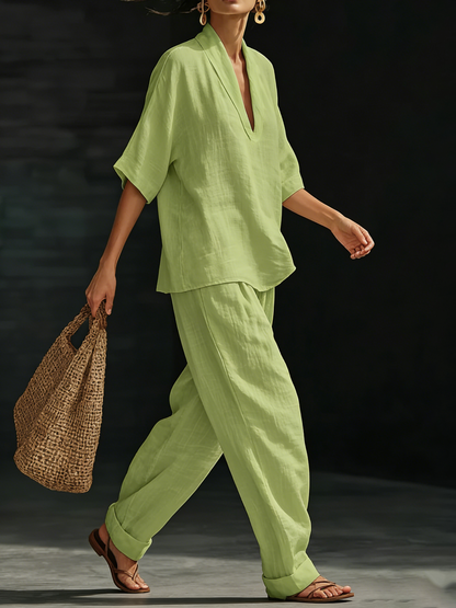 Sienna | Linen V-Neck Top and Wide Leg Trouser Set
