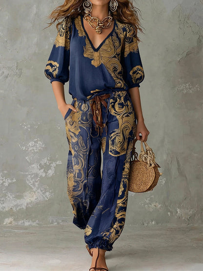 Rosalind | Bohemian Printed Linen Top and Pants Set