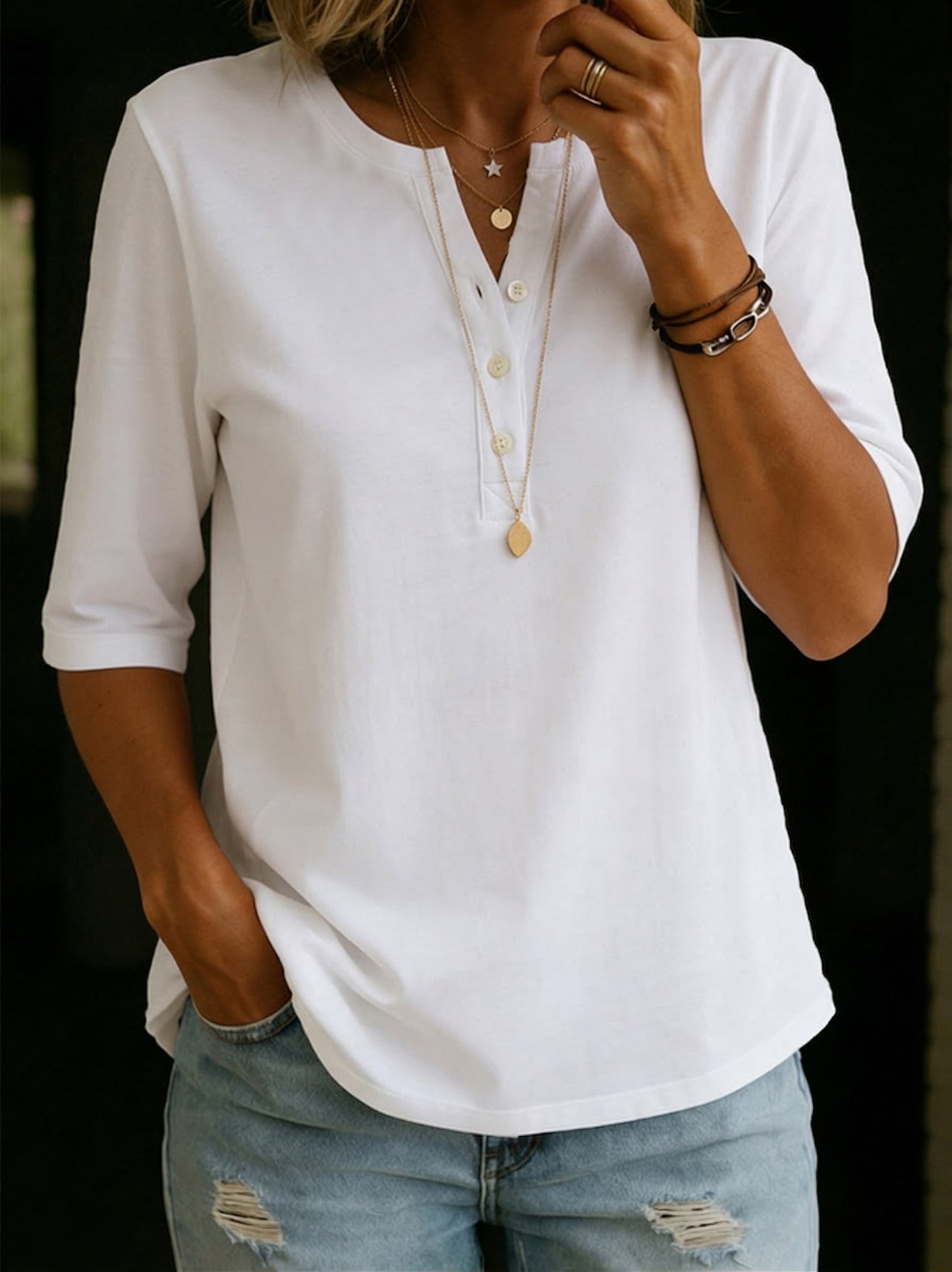 Birdie | Linen Henley 3/4 Sleeve Top