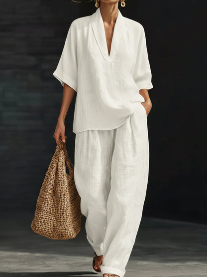 Sienna | Linen V-Neck Top and Wide Leg Trouser Set