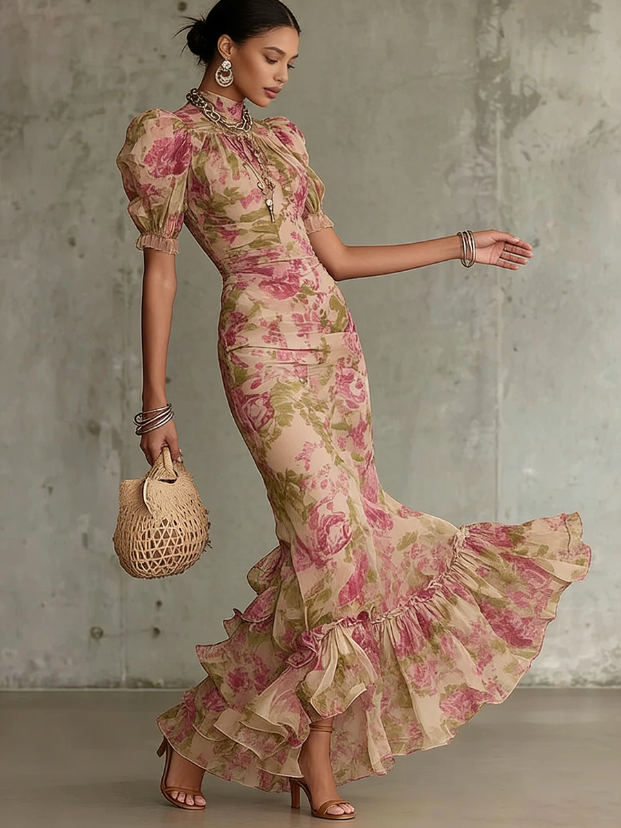 Faye | Chiffon Floral Puff Sleeve Maxi Dress