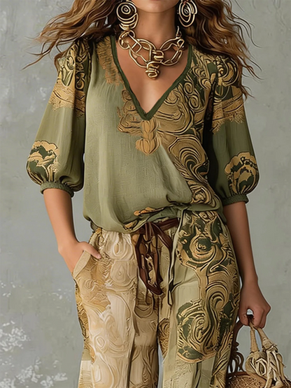Rosalind | Bohemian Printed Linen Top and Pants Set