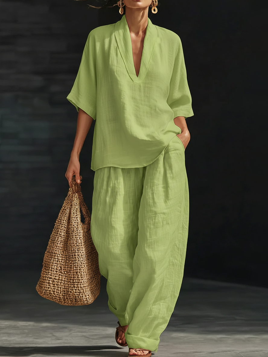 Sienna | Linen V-Neck Top and Wide Leg Trouser Set