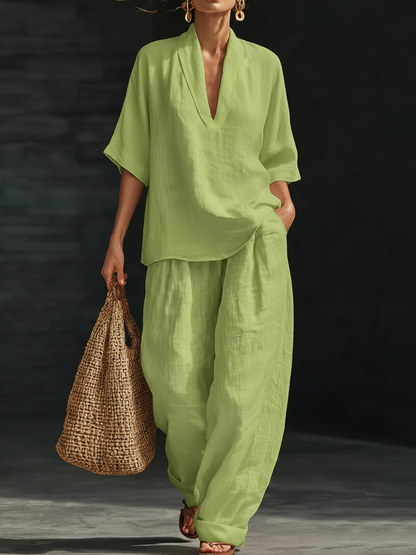 Sienna | Linen V-Neck Top and Wide Leg Trouser Set