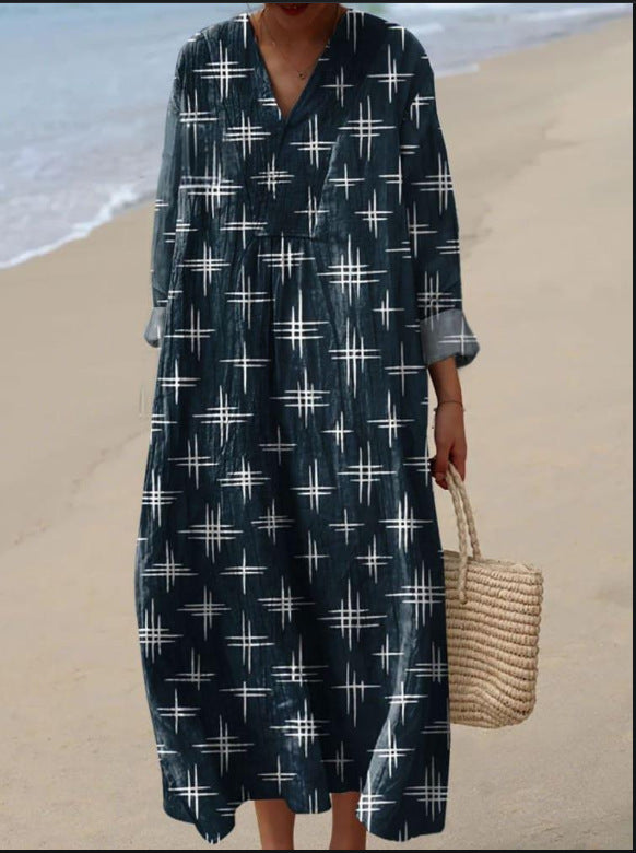 Petra | Long Sleeve Cross-Hatch Print Maxi Dress