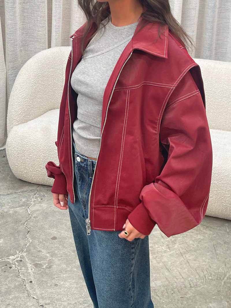 Women's Collared Oversized Zip-Up Bomber Jacket