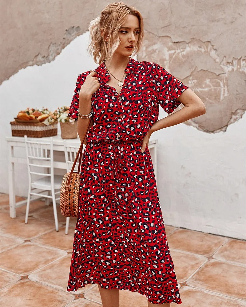 Summara | Printed Short Sleeve Adjustable Waist Casual Midi Dress