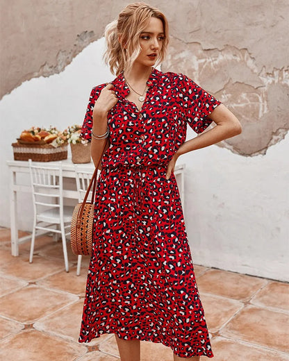Summara | Printed Short Sleeve Adjustable Waist Casual Midi Dress