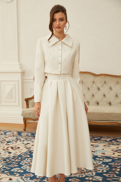 Pleated Skirt and Pearl Embellished Cropped Jacket Two-Piece Set