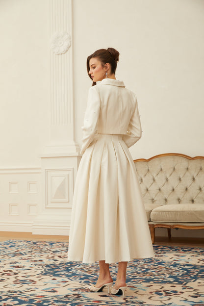 Pleated Skirt and Pearl Embellished Cropped Jacket Two-Piece Set