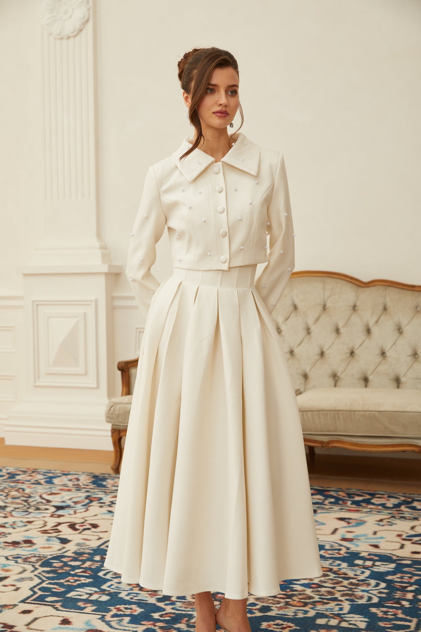 Pleated Skirt and Pearl Embellished Cropped Jacket Two-Piece Set