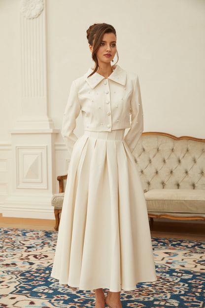Pleated Skirt and Pearl Embellished Cropped Jacket Two-Piece Set