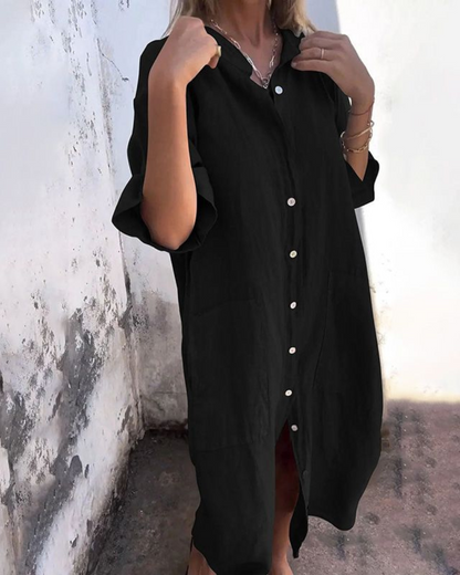 Jade | Women's Long-Sleeve Linen Button-Down Midi Dress