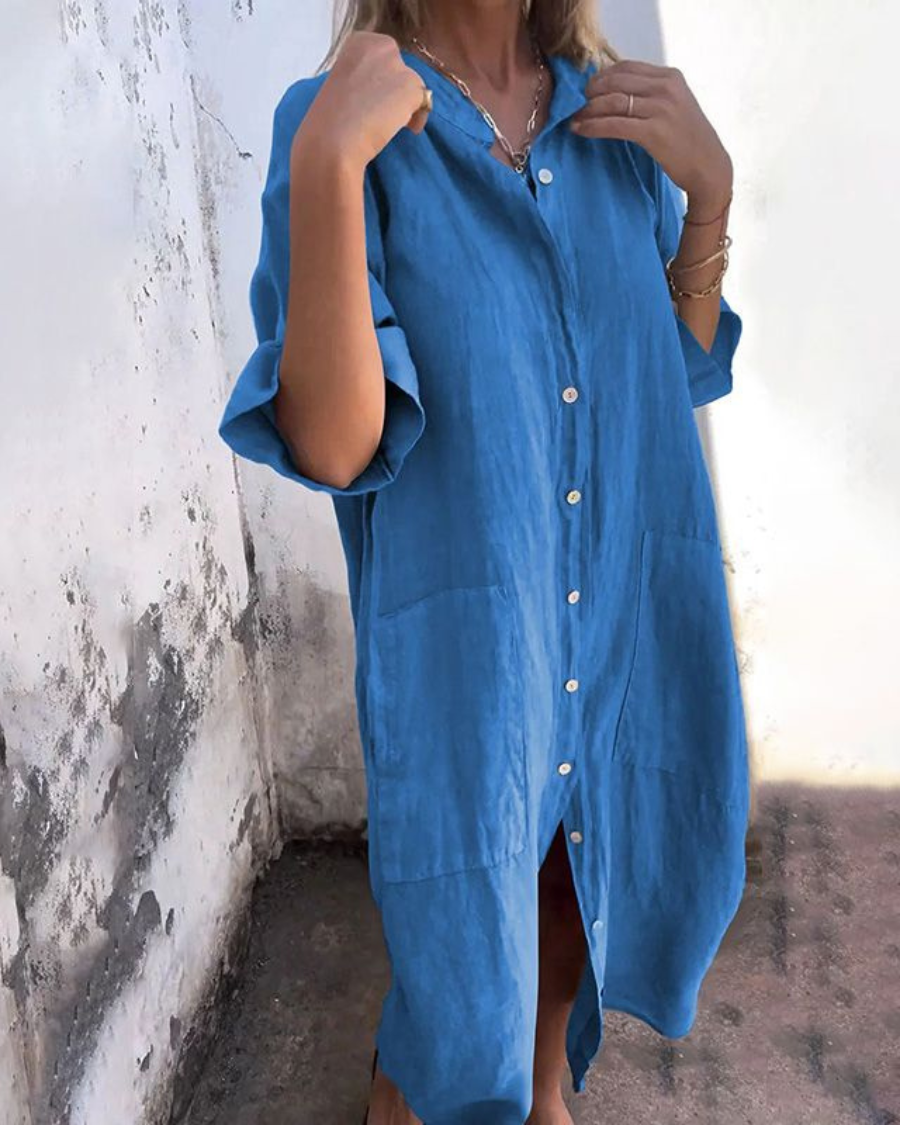 Jade | Women's Long-Sleeve Linen Button-Down Midi Dress