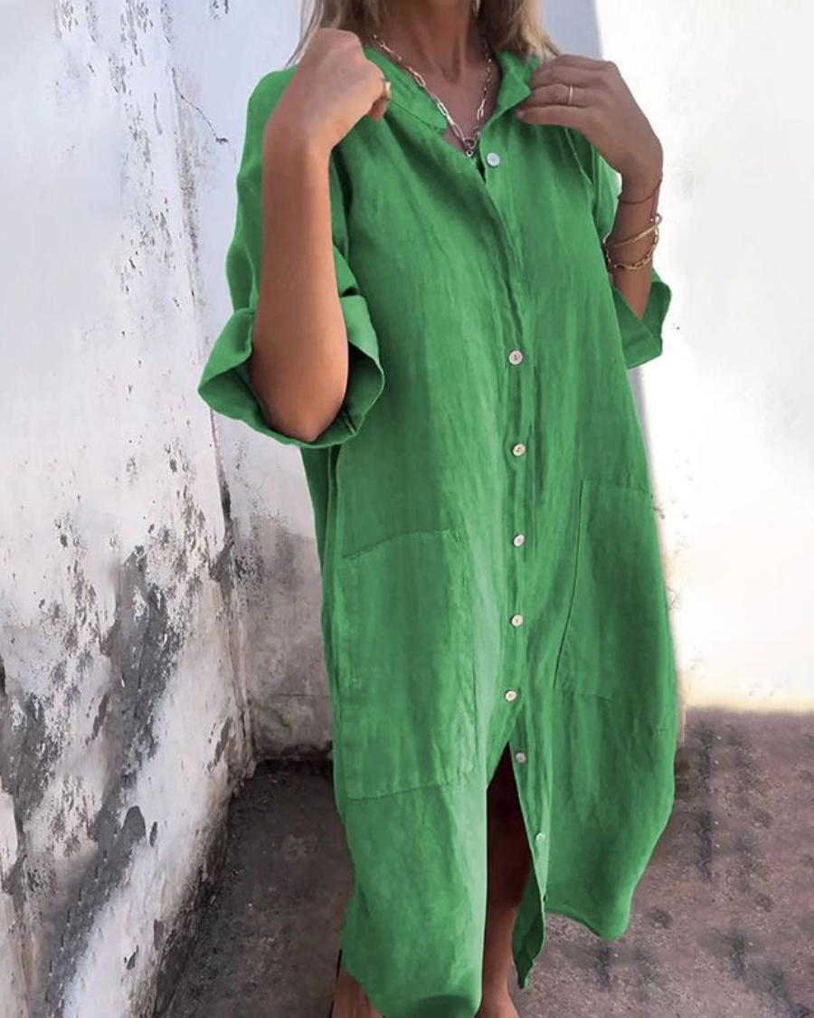Jade | Women's Long-Sleeve Linen Button-Down Midi Dress