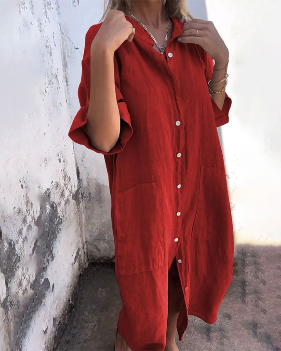 Jade | Women's Long-Sleeve Linen Button-Down Midi Dress