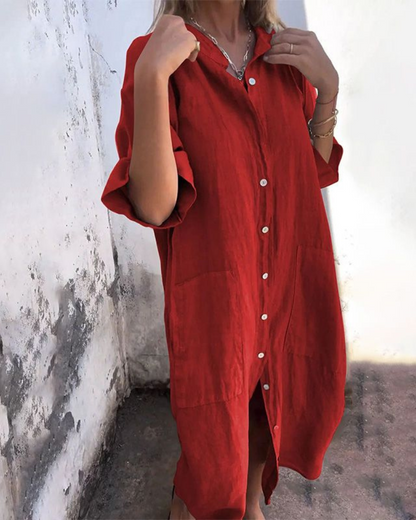 Jade | Women's Long-Sleeve Linen Button-Down Midi Dress