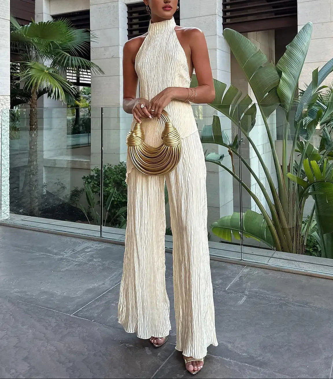 Wide-Leg Trousers and Pleated Halter Top Two-Piece Set