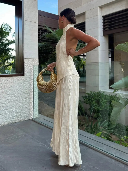 Wide-Leg Trousers and Pleated Halter Top Two-Piece Set