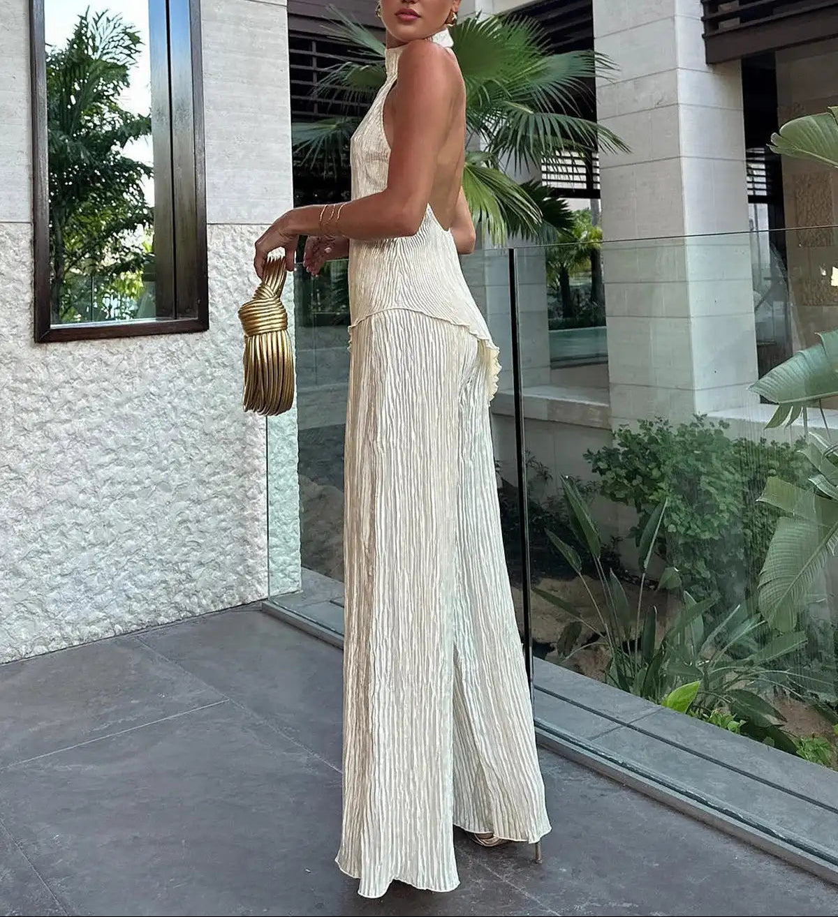 Wide-Leg Trousers and Pleated Halter Top Two-Piece Set