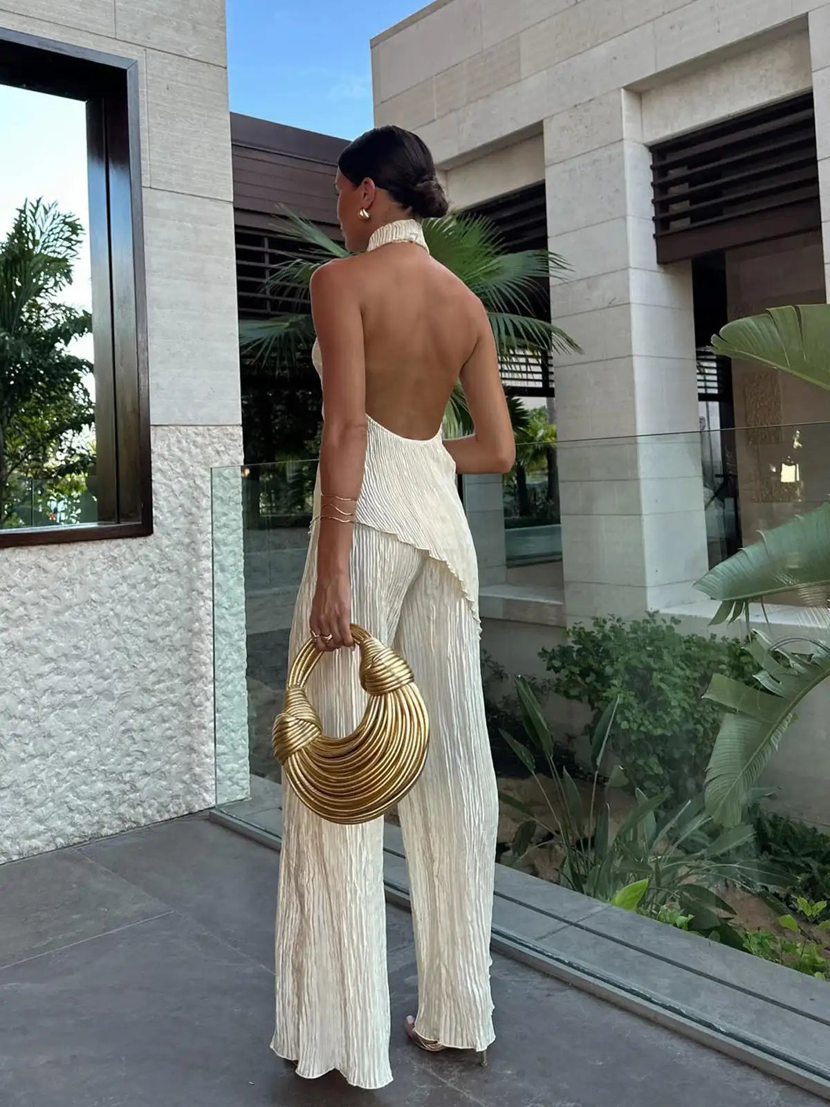 Wide-Leg Trousers and Pleated Halter Top Two-Piece Set