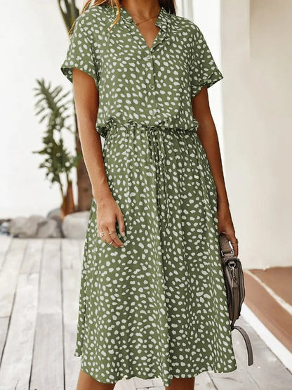 Summara | Printed Short Sleeve Adjustable Waist Casual Midi Dress