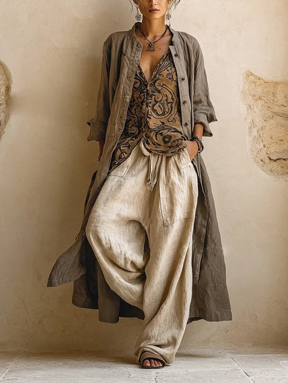 Lila | Women's 3-Piece Cotton Linen Cardigan Pants Set