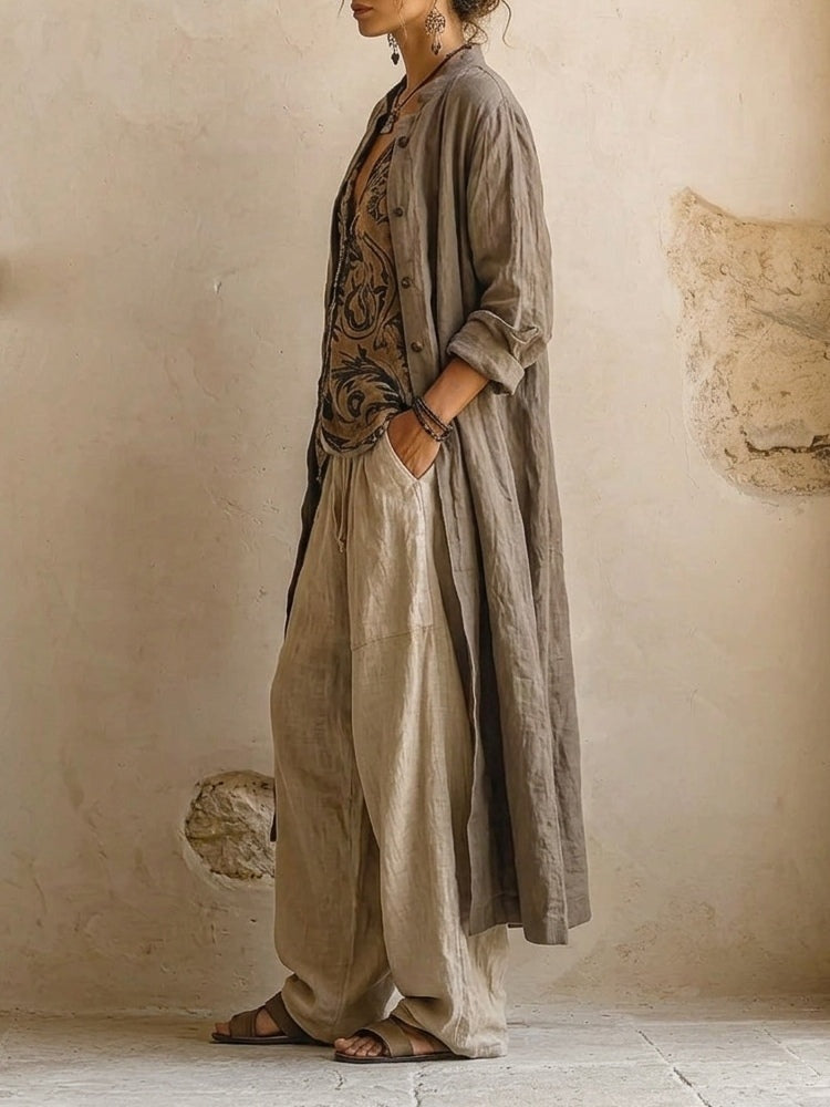 Lila | Women's 3-Piece Cotton Linen Cardigan Pants Set