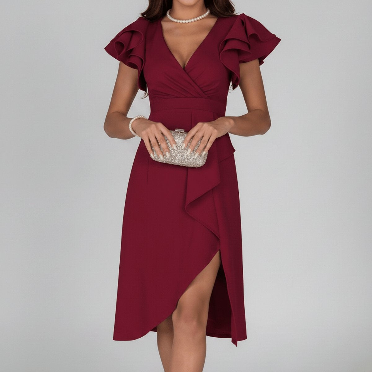 Opal | Women's Asymmetrical Wrap Ruffle Knit Wedding Guest Dress