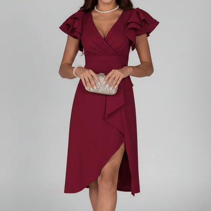 Opal | Women's Asymmetrical Wrap Ruffle Knit Wedding Guest Dress
