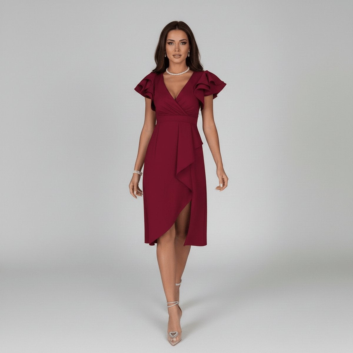 Opal | Women's Asymmetrical Wrap Ruffle Knit Wedding Guest Dress