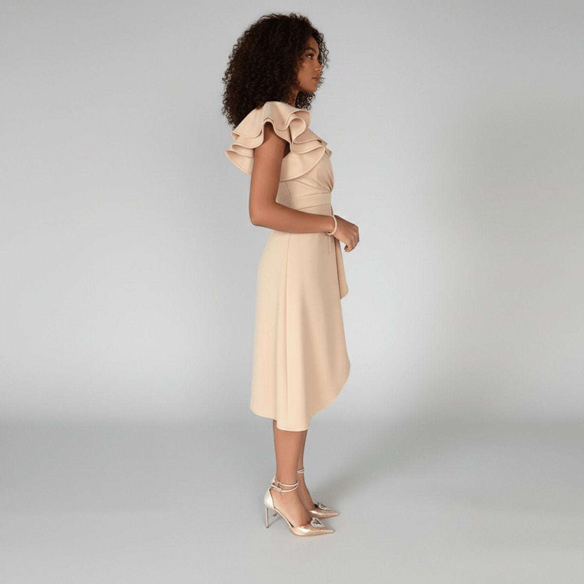 Opal | Women's Asymmetrical Wrap Ruffle Knit Wedding Guest Dress