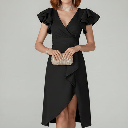 Opal | Women's Asymmetrical Wrap Ruffle Knit Wedding Guest Dress