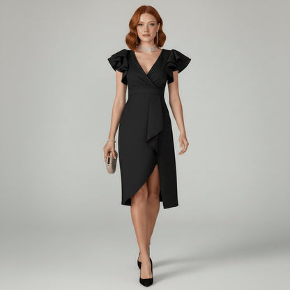 Opal | Women's Asymmetrical Wrap Ruffle Knit Wedding Guest Dress