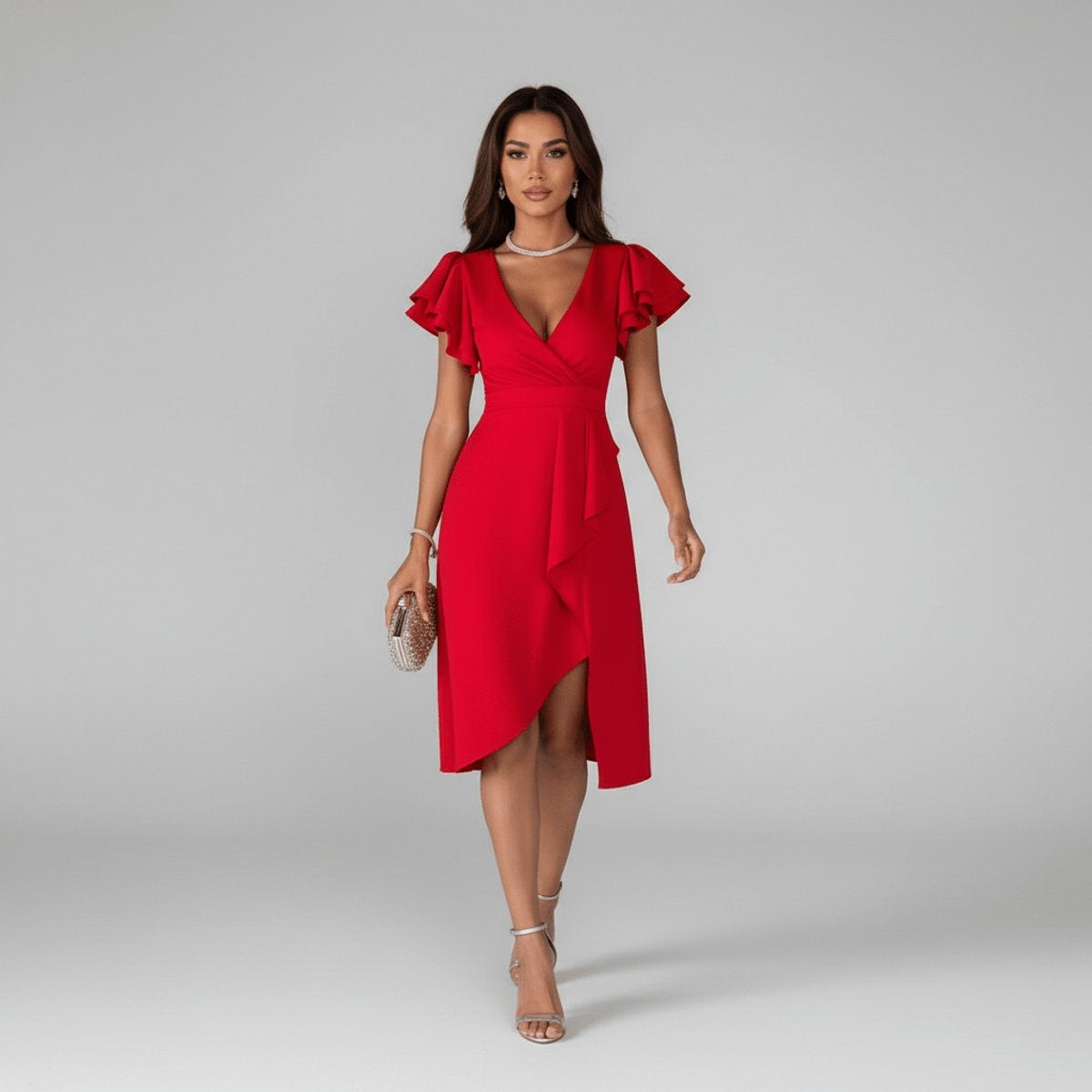 Opal | Women's Asymmetrical Wrap Ruffle Knit Wedding Guest Dress