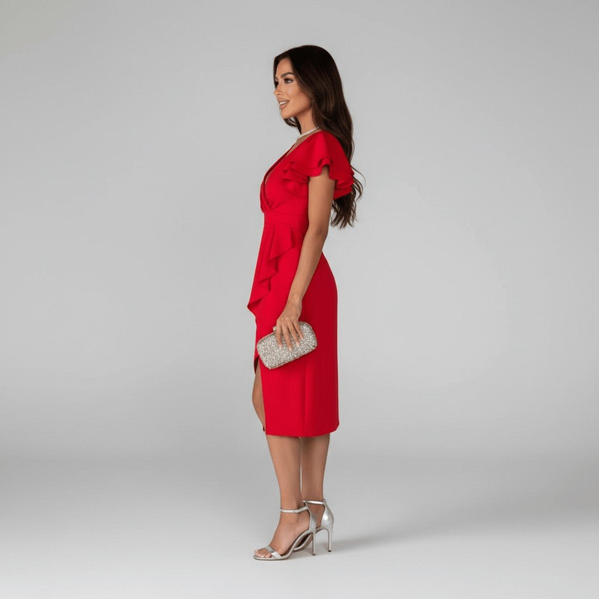 Opal | Women's Asymmetrical Wrap Ruffle Knit Wedding Guest Dress