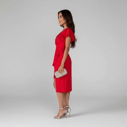 Opal | Women's Asymmetrical Wrap Ruffle Knit Wedding Guest Dress