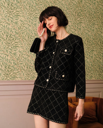 Freya | Women's Argyle Knit Cardigan and Mini Skirt Set