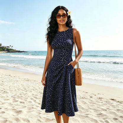Fit and Flare Polka Dot Midi Dress with Round Neck