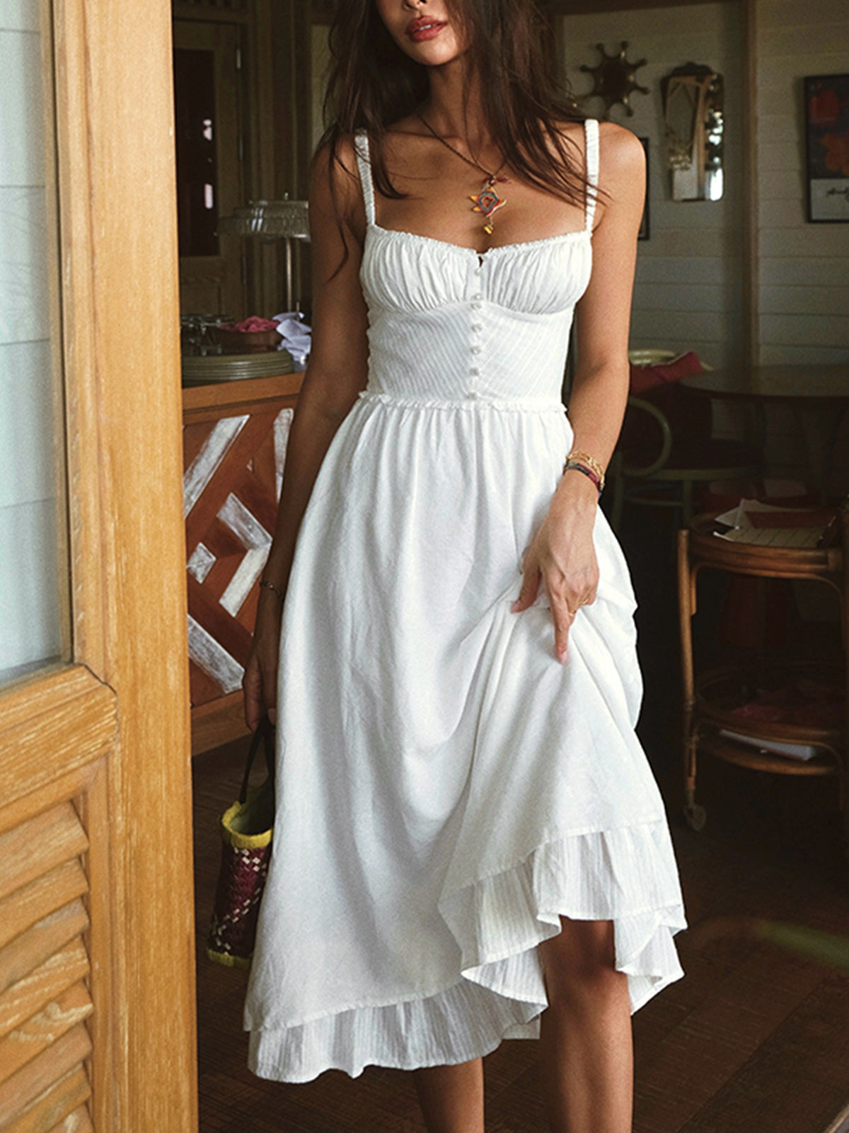 Elegant Ruffle Hem Cami Plain Midi Dress