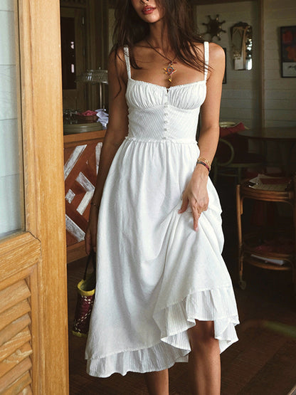 Elegant Ruffle Hem Cami Plain Midi Dress