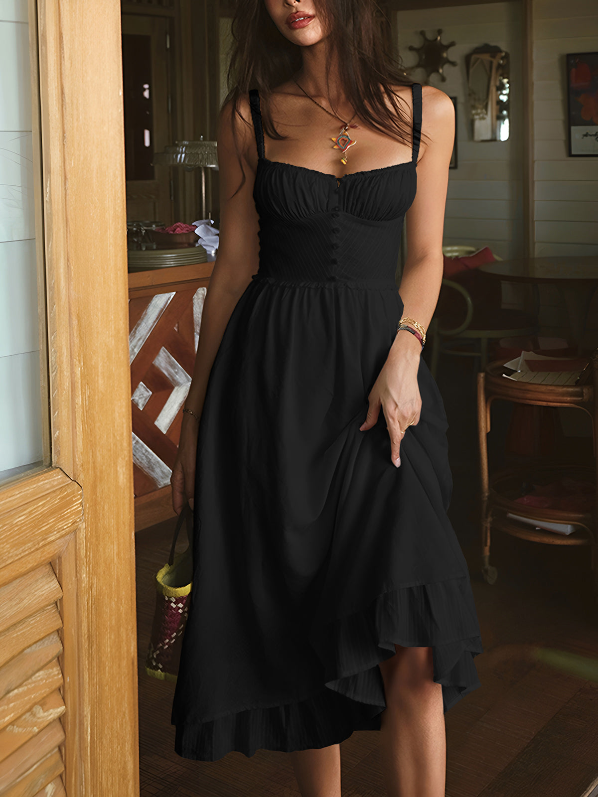 Elegant Ruffle Hem Cami Plain Midi Dress