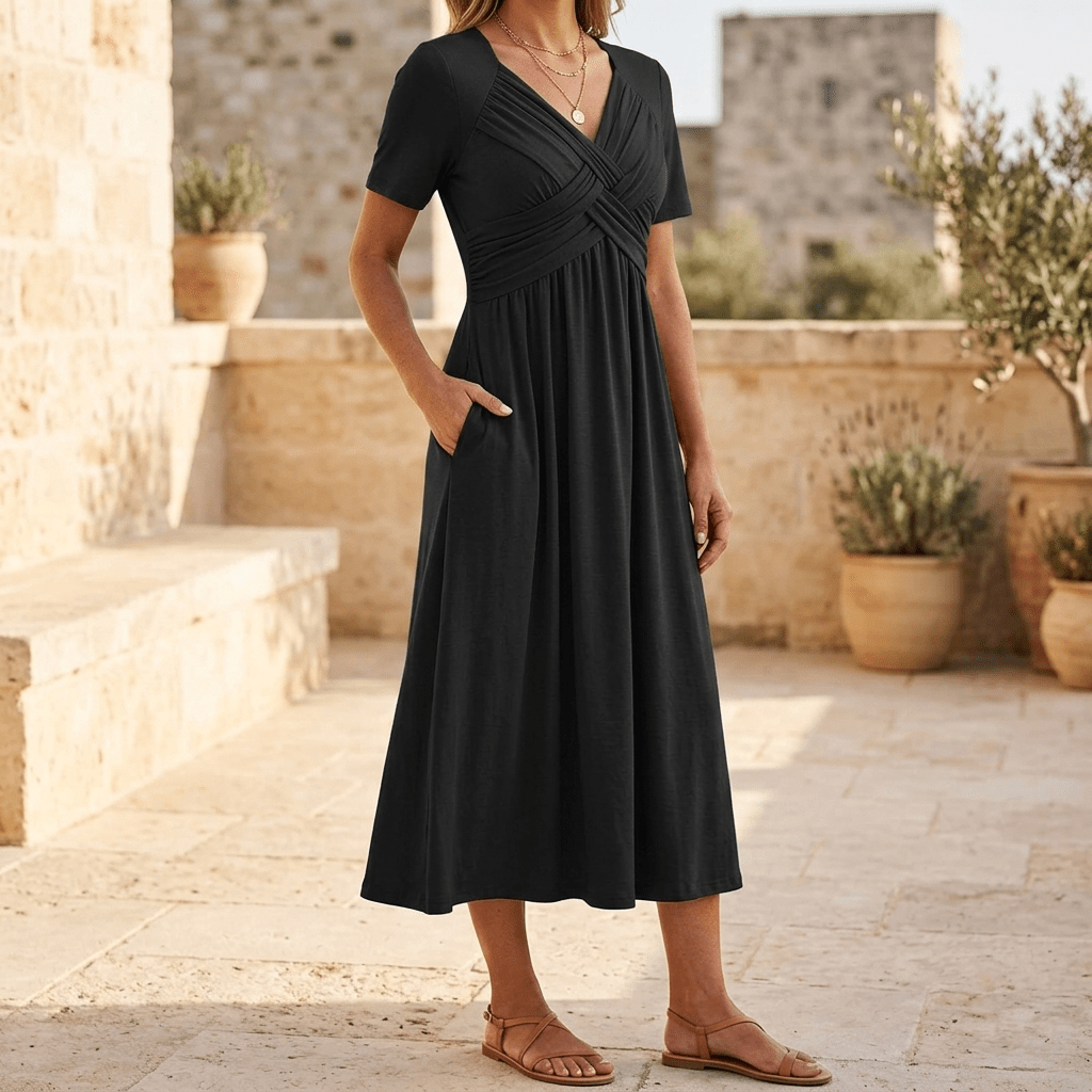 Selvine | Ruched Empire Crossover Midi Dress