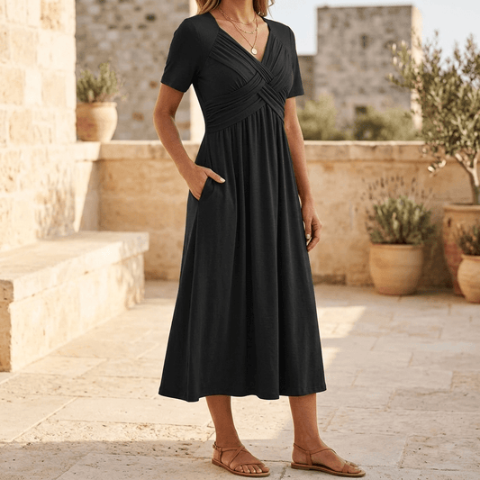 Selvine | Ruched Empire Crossover Midi Dress